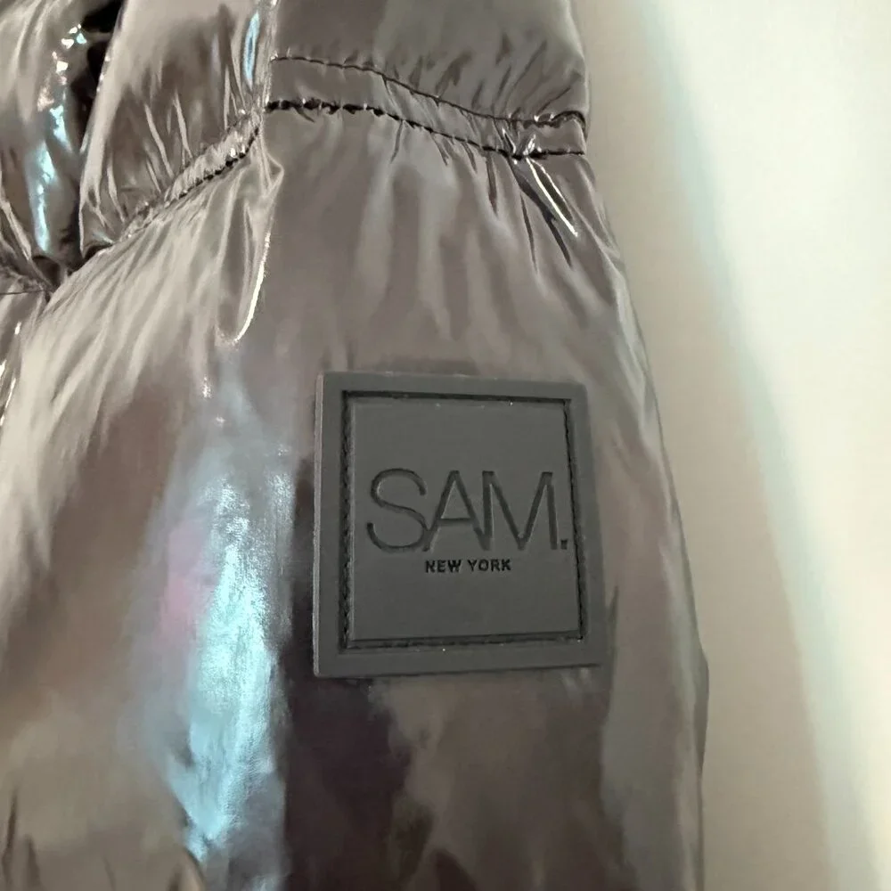 SAM. New York Glossy Down Puffer Jacket L Black/Charcoal | $395 Retail - Picture 2 of 10